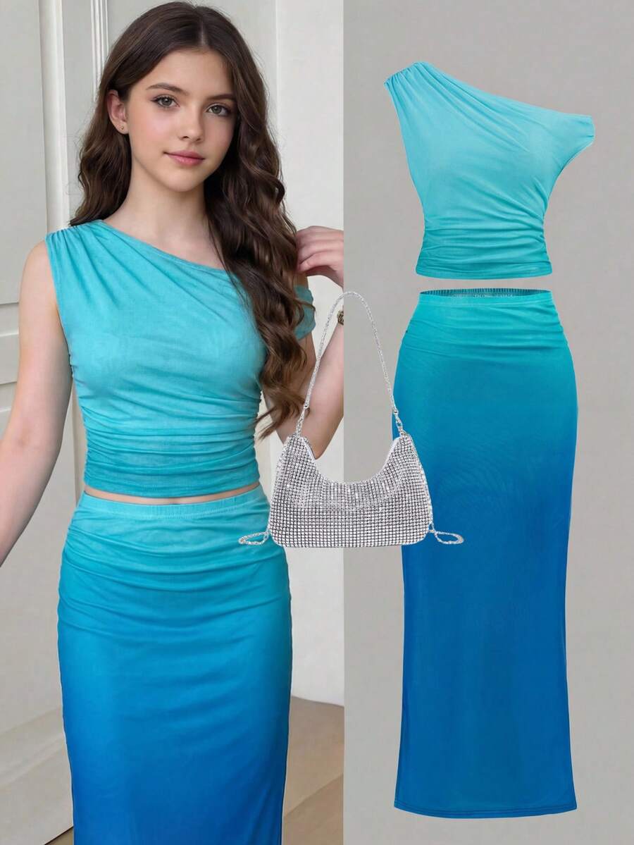 SHEIN Girlism 少女蓝色渐变网纱不对称褶皱修身露脐上衣和迷你裙套装,休闲夏季/度假装 - 彩色 - 查看 1