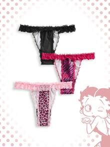 Betty Boop | ROMWE 3件套豹纹和斑马纹蕾丝边丁字裤 - 彩色 - 查看 2