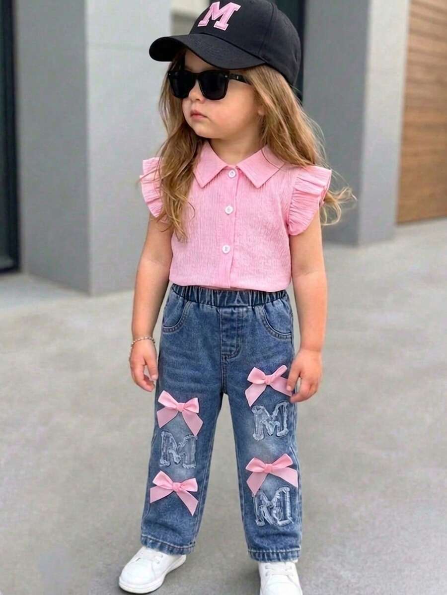 SHEIN Bộ 2 món cho bé gái mùa xuân hè, kiểu dáng thường ngày, gồm áo và quần dài denim thêu hình trái tim. - Màu Hồng baby - Xem 1