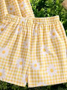 Sparklyn Conjunto de top sin mangas con estampado de cuadros y margaritas y shorts informales para niña preadolescente de vacaciones - Amarillo - Ver 6