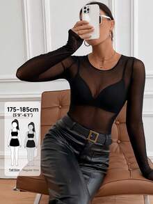 SHEIN Tall Sheer Mesh Top Without Bra - Black - View 7
