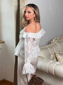 Jeta Ari Áo cánh ren trắng trong suốt hở vai hở phía trước cho kỳ nghỉ hè của phụ nữ - trắng - Xem 3