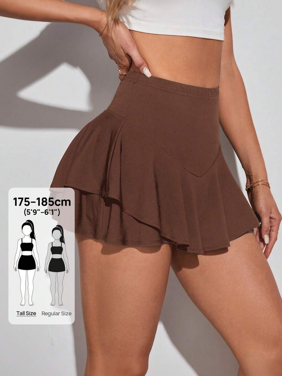 SHEIN Tall 女士纯色针织短裤裙，休闲日常穿着 - 棕色 - 查看 1