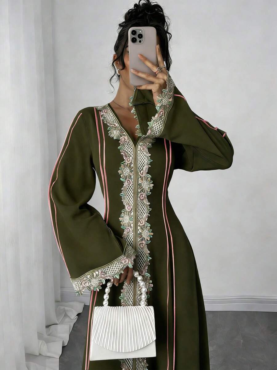 Rafferiza Bata holgada de mujer con cuello en V y volantes, manga larga, estilo abaya turca, kaftan árabe - Verde militar - Ver 1