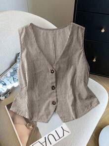 SHEIN LUNE 大码女式条纹V领单排扣休闲百搭日常衬衫 - 棕色 - 查看 3