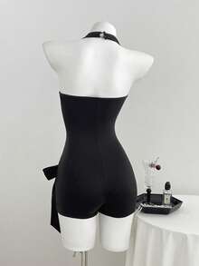 Elamini Women's V-Neck Backless Tight Asymmetric Tie-Up Short Jumpsuit, Spring/Summer Golf Pastal Sexy - Black - View 2