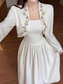 Modelyn 女士花卉刺绣长袖开衫连衣裙优雅两件套 - 白色 - 查看 3