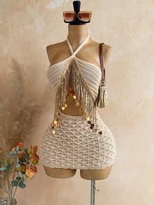 Soleia Đầm len nữ kiểu dáng khoét rỗng, đính tua rua và sequin. - Màu Khaki - Xem 7