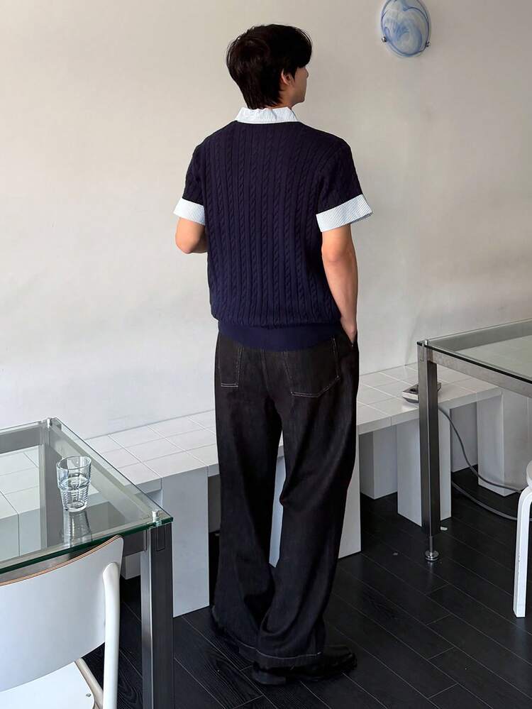 Men's Solid Color Contrast Collar 2 In 1 Knit Top, Navy Blue, Summer
