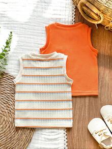 SHEIN Vintaside Kids Infant Boy's Fashionable Striped Waffle Design Sleeveless Vest 2 Pieces Set, Summer - Orange - View 2