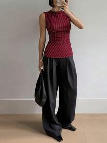 Siren Gaze Áo tank top nữ kẻ sọc cổ bẻ xếp ly ôm dáng thường ngày - Màu Đỏ Sâu - Xem 10