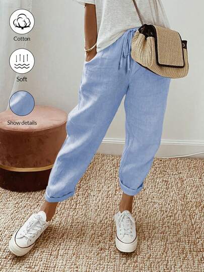 Breezaya Solid Color Drawstring Waist Pocket Casual Pants, Suitable For Holiday