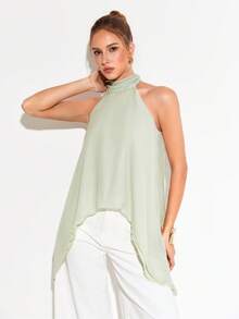 Women's Sleeveless Halter Light Green Casual Shirt For Summer - Green - View 5