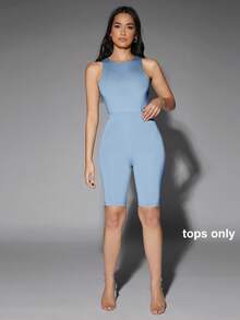 Silquee Bodysuit Wanita Warna Polos Minimalis Serbaguna, Pakaian Olahraga - Baby Blue - View 4