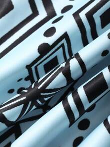DAZY Geometric Pattern Allover Print Satin & Lace Patchwork Loose Robe For Women Pajamas - Blue - View 7