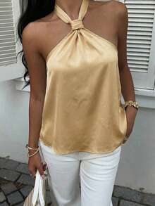 MainGRL 女士金色缎面吊带上衣 - 金色 - 查看 3