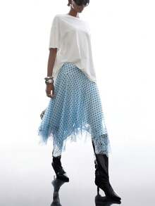 LYSMO Chân váy nữ họa tiết chấm bi phối ren, vạt lệch vai, chất liệu bất đối xứng. - Màu xanh lam - Xem 7