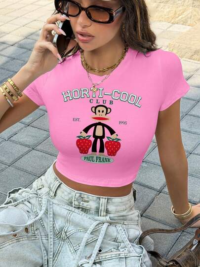 Paul Frank X SHEIN Women's Casual Round Neck Short Sleeve Fitted Cropped T-Shirt,