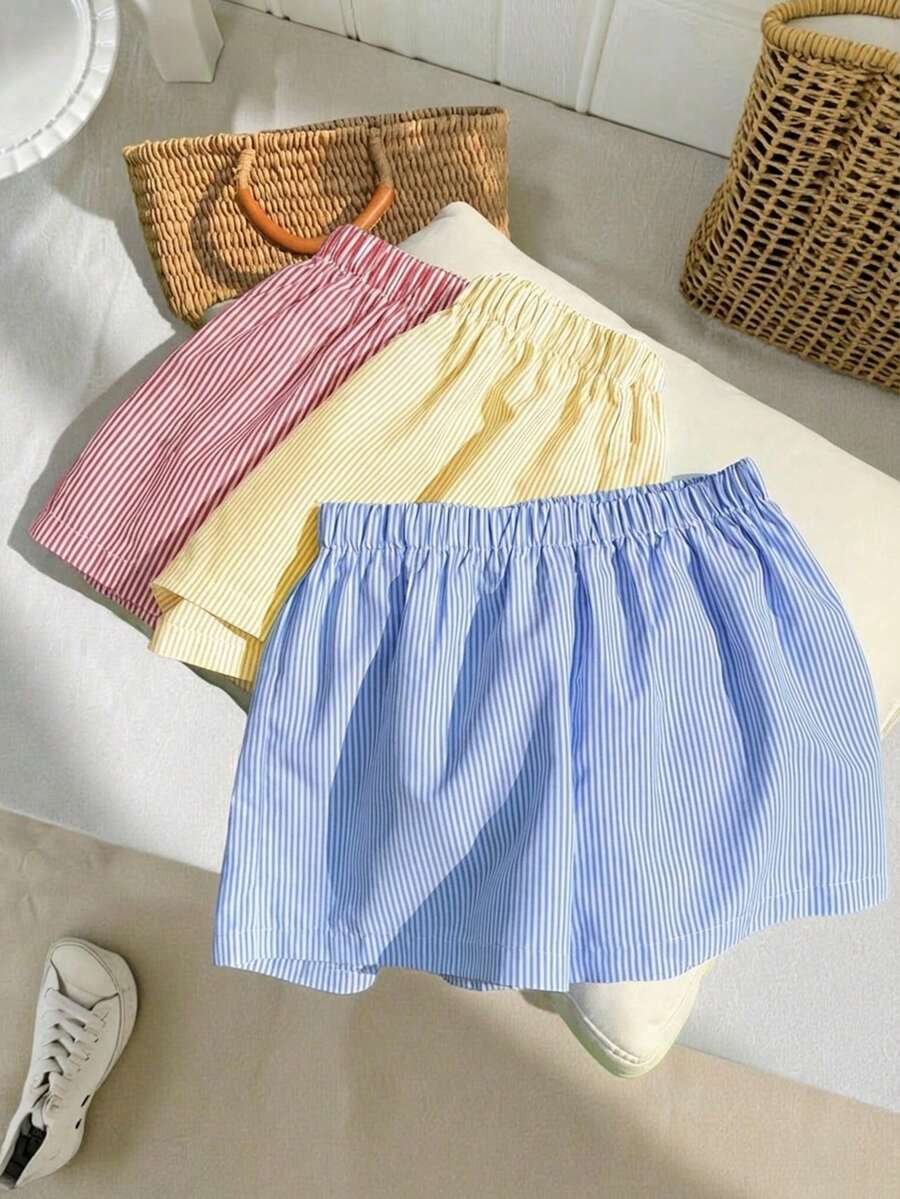 SHEIN 3件套 少女休闲街头风梭织条纹直筒短裤 - 紅色 - 查看 1