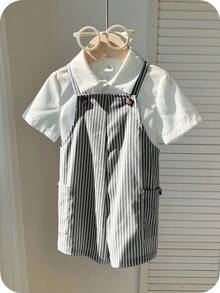 SHEIN 新生儿男女宝宝可爱条纹连体衣，适合春夏室内、室外、日常、运动、玩耍、派对、拍照、度假等各种场合。 - 黑與白 - 查看 7