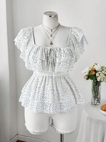 Flirla Große Größen Neue Frühling/Sommer Damen Urlaubs Elegante Sexy Strandausflug Chiffon Polka Punkt Off-Shoulder Doppel Rüschen Saum Crop Top, Taille raffende Boho Süße Prinzessin Schleife Dekor Bluse - Weiss - Übersicht 3
