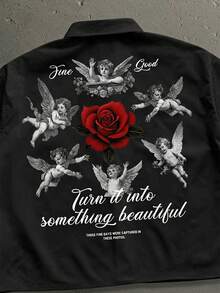 StoneGrade 男士休闲字母天使印花短袖衬衫，夏季款 - 黑色 - 查看 3