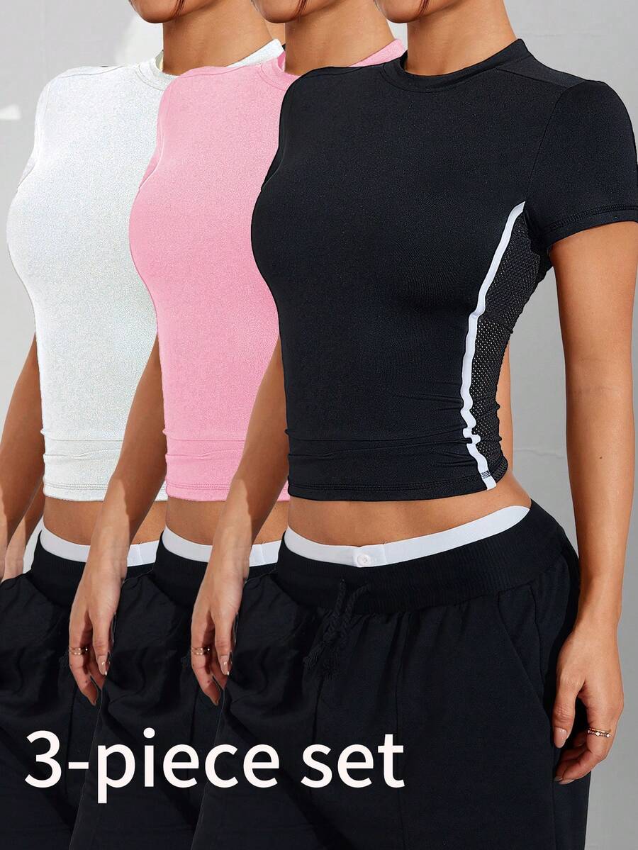 Velisys Velisys Multi-Pack Sporty Cropped Tee Shirts, Colorblock Design, Tight Fit, Slimming