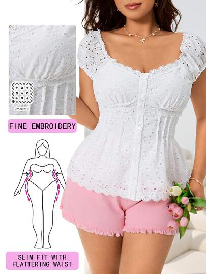 Solflare Spring/Summer New Casual Versatile Shirt, Suitable For Daily Wear, Parties, Weddings, Commuting, Music Festivals, Back To School, Graduation, Vacation, Streetwear, Loungewear, Exploring Shops, City Strolling, Multi-Occasion Wear, Can Be Worn Outerwear Or Layering, Delicate Embroidered Fabric, Waist Ruching Design To Flatter The Waistline, Puff Sleeves, White, Fitted, Plus Size