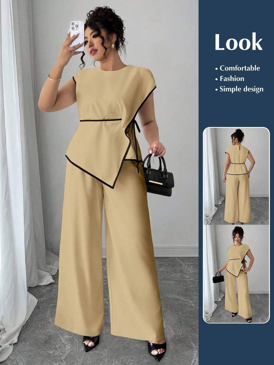 Elenzga Asymmetrical Waist Cinched Short Sleeve 2 Pieces Set, Plus Size - Apricot - View 1