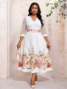 Fleurora Robe mi-longue élégante pour femmes grandes tailles, imprimé floral, col V, patchwork en maille, manches 3/4 - Multicolore - Voir 8