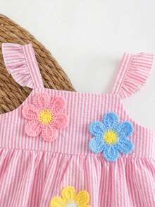 SHEIN Baby Girl Summer Casual Striped Dress With 3D Floral Decor - Pink - View 5