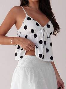 Rafferiza Áo hai dây kiểu babydoll xoắn họa tiết chấm bi dành cho nữ, thích hợp cho kỳ nghỉ hè ở bãi biển. - trắng - Xem 5