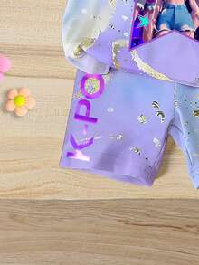 Girls' Ombre Purple K-POP Girl Group Outfit, Summer Lightweight, Star Print Short Sleeve Top + Tight Shorts - Multicolor - View 6
