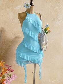 Soleia Đầm ngắn cổ yếm nhiều lớp xếp nếp dành cho nữ đi nghỉ mát - Màu xanh bạc hà - Xem 4