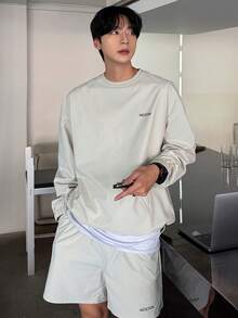 DAZY Men's Letter Print Long Sleeve T-Shirt And Shorts Set, Grey, Suitable For Spring And Autumn - Grey - View 6