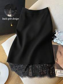 GlowEve CURVE Plus Size Women Elegant Solid Color Contrast Lace Slit Hem Skirt - Black - View 5