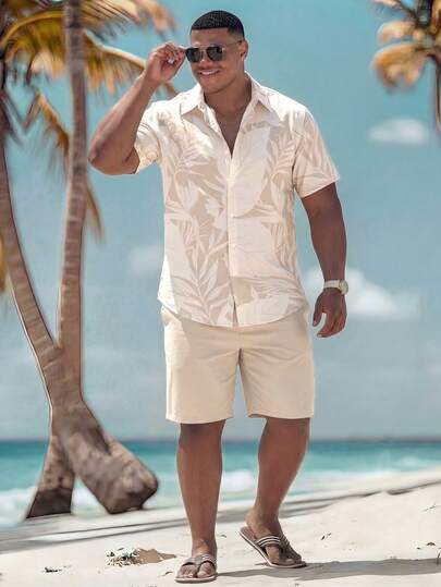 Manfinity RSRT Plus Size Men's Summer Vacation Plant Print Button-Front Shirt And Shorts Beach Outfit Vacation Outfits For Men Men S Resort Wear Cruise Outfit For Men Mens Summer Holiday Clothes Beach Outfit For Men Top White Beach Outfit For Men Mens Resort Wear Outfit For Men Beach Resort Wear Men Holiday / Vacation / Beach / Hawaii / Tropical / Swim /  Bathing Mens Beach Outfit Mens Vacation Outfit Sets