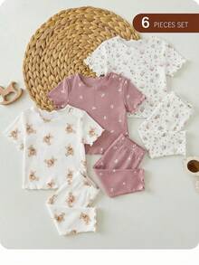 SHEIN Newborn Baby Girl Cute Minimalist Heart Pattern Ruffle Trim Round Neck Short Sleeve Pants Knit Pajama Set, 6pcs - Multicolor - View 5
