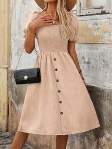 EMERY ROSE Vestido de mujer con efecto denim, mangas abullonadas y silueta en A - Albaricoque - Ver 5