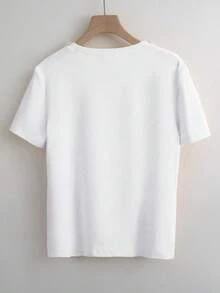 Franclia Women's Round Neck Short Sleeve Solid Color Slimming T-Shirt White T-Shirt White Pearl Top Pearl Embellished Top Women's Top Pearl Neck Top - White - View 2