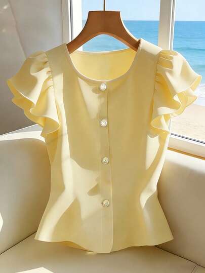 Franclia 2026 Summer New Solid Color Ruffled Sleeve Round Neck Shirt, Summer Fashionable And Versatile French Short Style Pearl Button Decoration Top For Women, Summer Fashionable And Elegant Shirt, Yellow Top, Women's Elegant Top, Summer Top, Women's Summer Outfit Yellow Button Up Top Work Blouses Yellow Top Blouse Yellow Top For Women Elegant Women's Tops And Blouses New Arrival Blouse Blouse For Women Elegant Classy Women's Shirts For Summer S3433 Of Woman Clothes Blouses For Teens