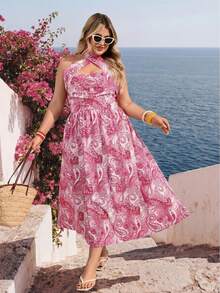 Vivid Eden Vestido plus size para férias, look de verão, vestido rosa estampado com amarração cruzada na cintura. - Rosa - Ver 5