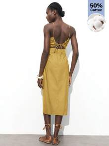 Maija New Spring/Summer Mustard Yellow Adjustable Spaghetti Strap Cinched Waist Ruched Front Slit Linen Feel Dress, Flattering Silhouette, Suitable For Vacation, Carnival, Elegant Party, Valentine's Day - Yellow - View 4