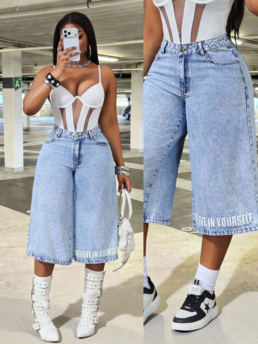 BamGleam Jeans de pierna ancha con estampado de eslogan casual para mujer - Azul - Ver 1