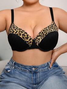 1 pieza Sujetador con aros acolchados y encaje con estampado animal, con soporte y elevación para busto de talla grande - Negro - Ver 5