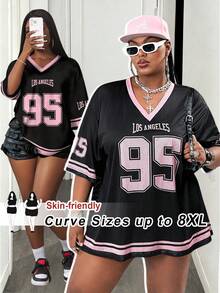 SHEIN CURVE+ Plus Size Women's Spring/Summer Streetwear Couple's Casual V-Neck Off Shoulder Letter Print Plus Size Casual Sports T-Shirt - Multicolor - View 5