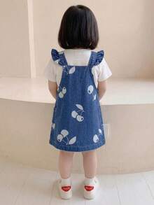 Váy yếm denim wash in hình quả anh đào thời trang thường ngày cho bé gái - Màu xanh lam - Xem 2