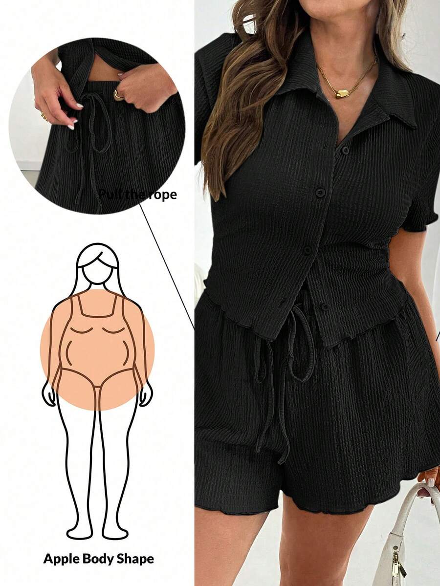 SHEIN Essnce 大码夏季两件套，夏季两件套短裤套装，返校季少女服装，女士两件套演唱会女装Y2K套装，两件套，女士休闲度假两件套薄荷绿套装 - 黑色 - 查看 1