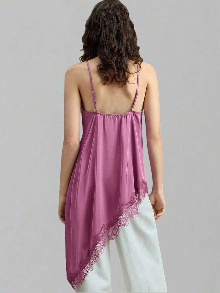 2026 Women's Satin Satin Stretchy Fabric Comfortable Spaghetti Strap Long Top, Fitted Silhouette With Lace Trim Asymmetric Hem Design, Elegant Urban Casual Business Office Wear, High-Quality Airport Fashion, Graceful Elegant, Streetwear Inspired All Season Modern Urban Casual Fashion Business Casual Women's Office Wear Low-Key Old Money Style Effortless Temperament High-End Urban Commuting High-Quality Airport Women's Wear High-End Material Lilac Tops Women Purple Top Women Lace Camisole Bohemia