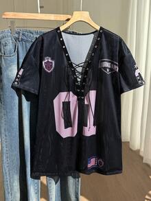 Muchica Plus Size Drawstring Graphic Tee, Loose Fit Black T-Shirt,Back To School - Multicolor - View 6